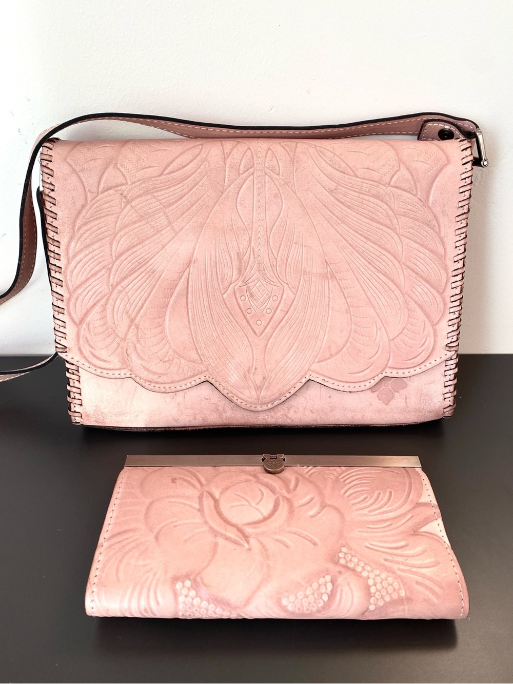 Set of Patricia Nash Blush Pink Embossed Leather Crossbody & Matching Wallet